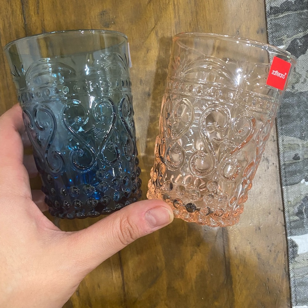 Zafferano brand new glass set 3 blue and 3 pink. Total 6 glasses